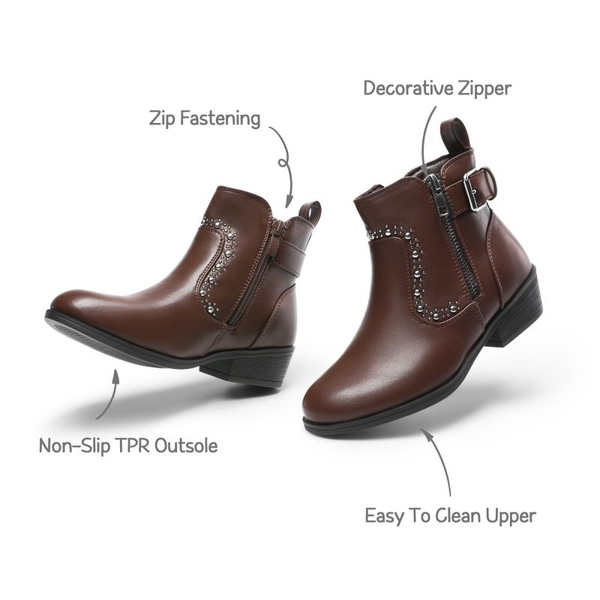 Girls Cushioned Non-Slip Zipper Ankle Boots - BROWN - 4